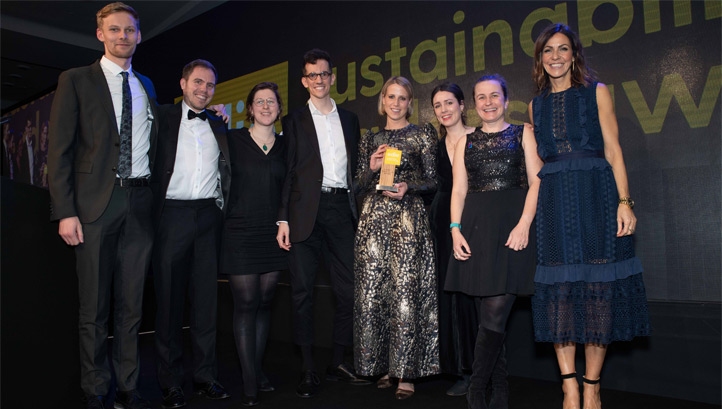 Gudrun Cartwright, environment director, Business
in the Community (second right) and compere
Julia Bradbury (furthest at right) present the Given team with their award